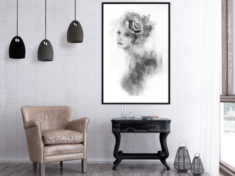 Wall Poster Watercolor portrait - black and white figure of a woman with a rose in her hair 115002 additionalImage 4