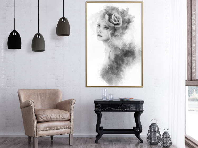 Wall Poster Watercolor portrait - black and white figure of a woman with a rose in her hair 115002 additionalImage 5