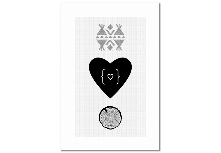 Canvas Art Print Wild love - heart, wood and graphic motif on a gray background 117302