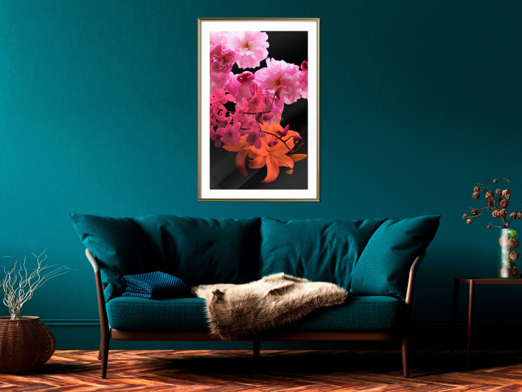 Wall Poster Spring Saturation - plant composition with pink flowers amidst black 118402 additionalImage 15