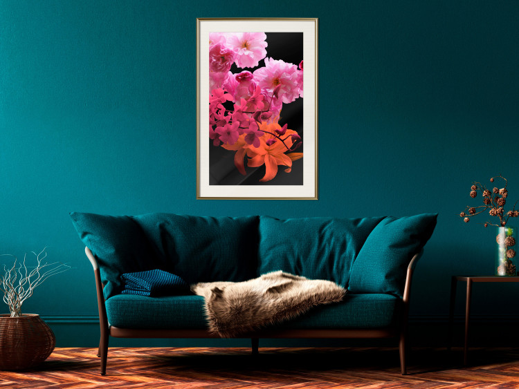 Wall Poster Spring Saturation - plant composition with pink flowers amidst black 118402 additionalImage 21