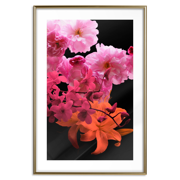 Wall Poster Spring Saturation - plant composition with pink flowers amidst black 118402 additionalImage 14
