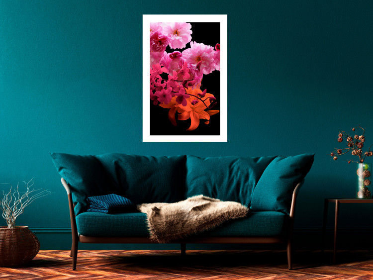 Wall Poster Spring Saturation - plant composition with pink flowers amidst black 118402 additionalImage 4