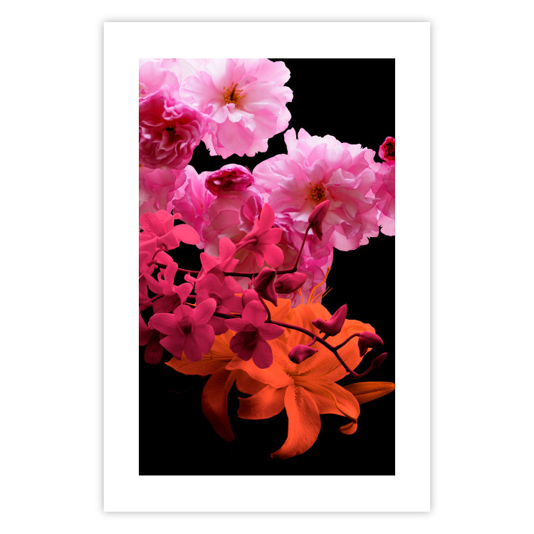 Wall Poster Spring Saturation - plant composition with pink flowers amidst black 118402 additionalImage 19