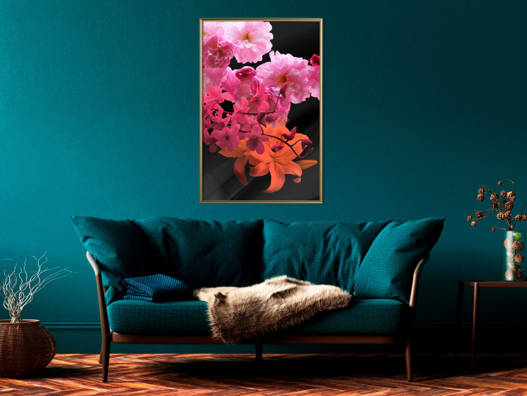 Wall Poster Spring Saturation - plant composition with pink flowers amidst black 118402 additionalImage 5