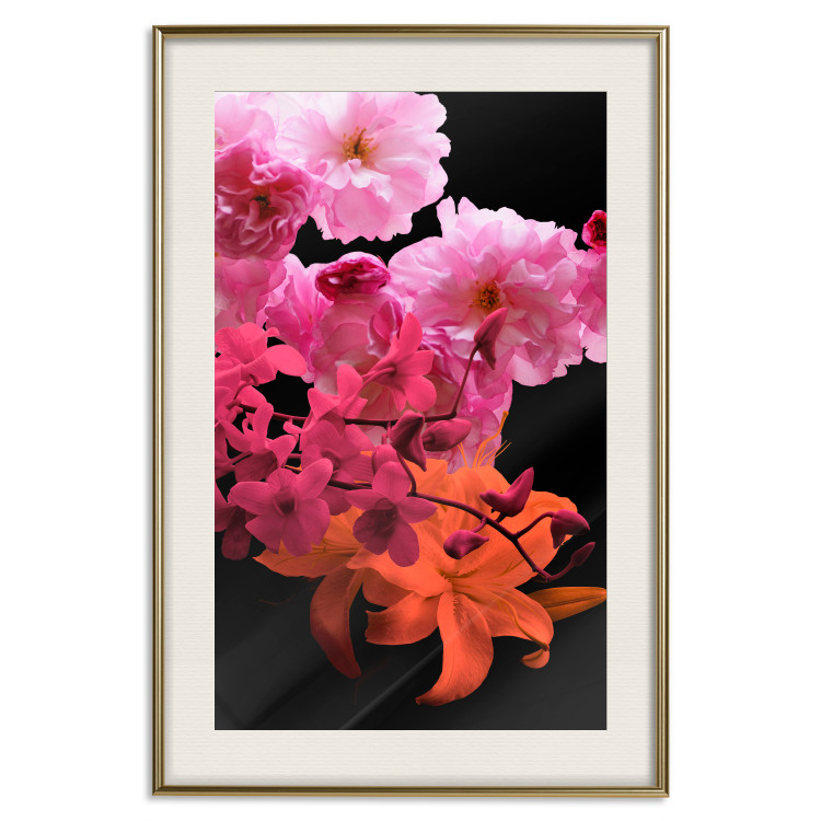 Wall Poster Spring Saturation - plant composition with pink flowers amidst black 118402 additionalImage 19