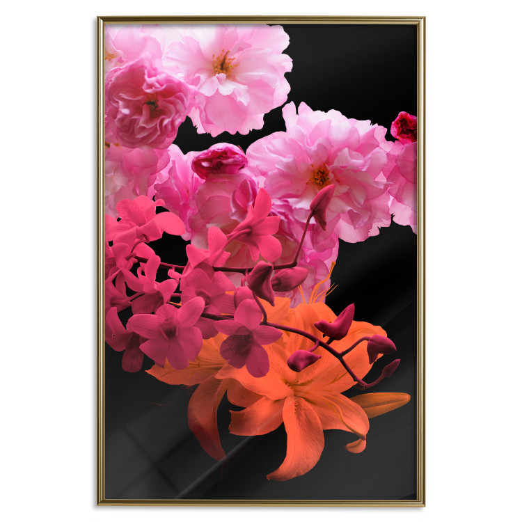 Wall Poster Spring Saturation - plant composition with pink flowers amidst black 118402 additionalImage 16