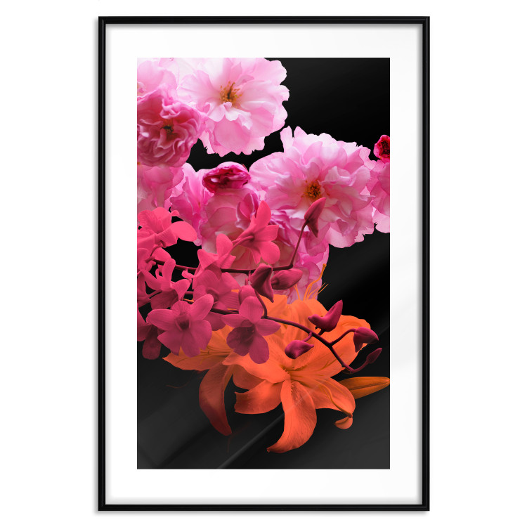 Wall Poster Spring Saturation - plant composition with pink flowers amidst black 118402 additionalImage 15