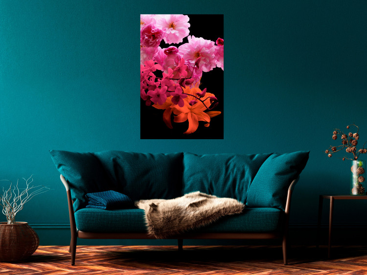 Wall Poster Spring Saturation - plant composition with pink flowers amidst black 118402 additionalImage 23