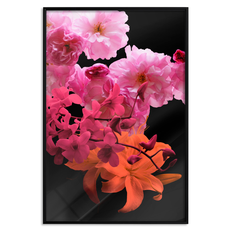 Wall Poster Spring Saturation - plant composition with pink flowers amidst black 118402 additionalImage 18
