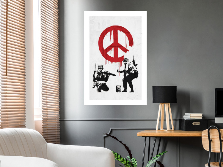 Wall Poster War and Peace - Banksy-style mural with soldiers and a red pacifier 119202 additionalImage 2
