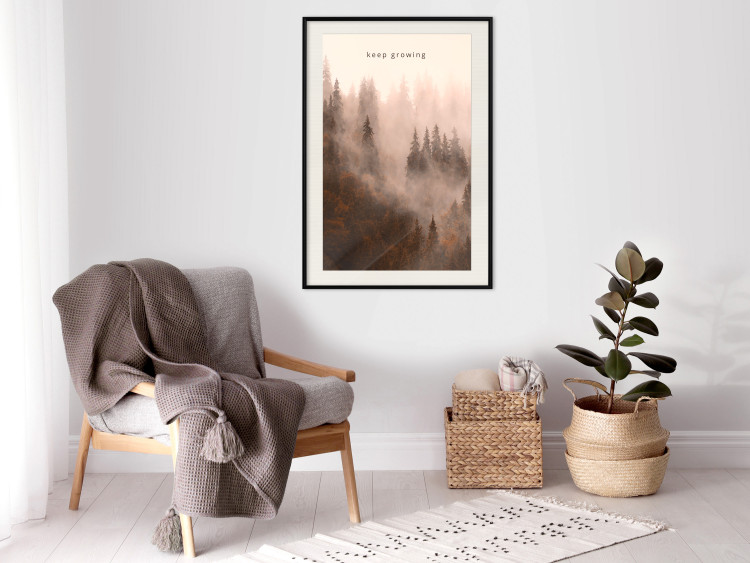 Poster Keep Growing - English inscriptions and forest landscape with trees in fog 127902 additionalImage 23