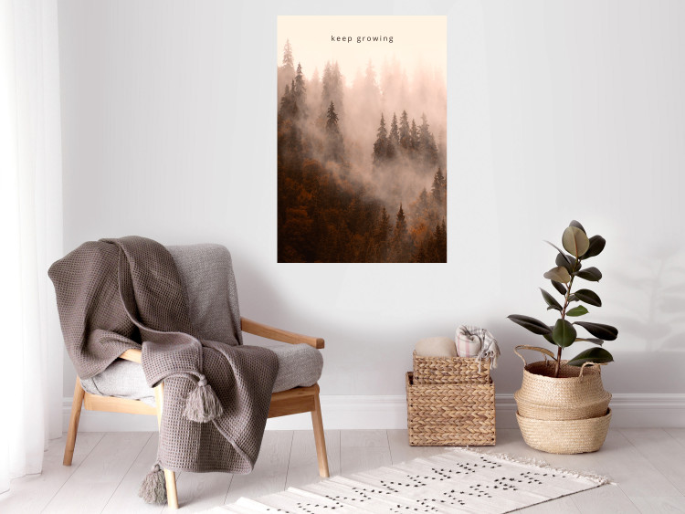 Poster Keep Growing - English inscriptions and forest landscape with trees in fog 127902 additionalImage 2