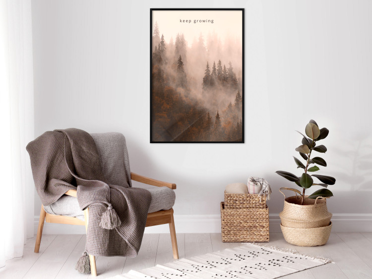 Poster Keep Growing - English inscriptions and forest landscape with trees in fog 127902 additionalImage 4