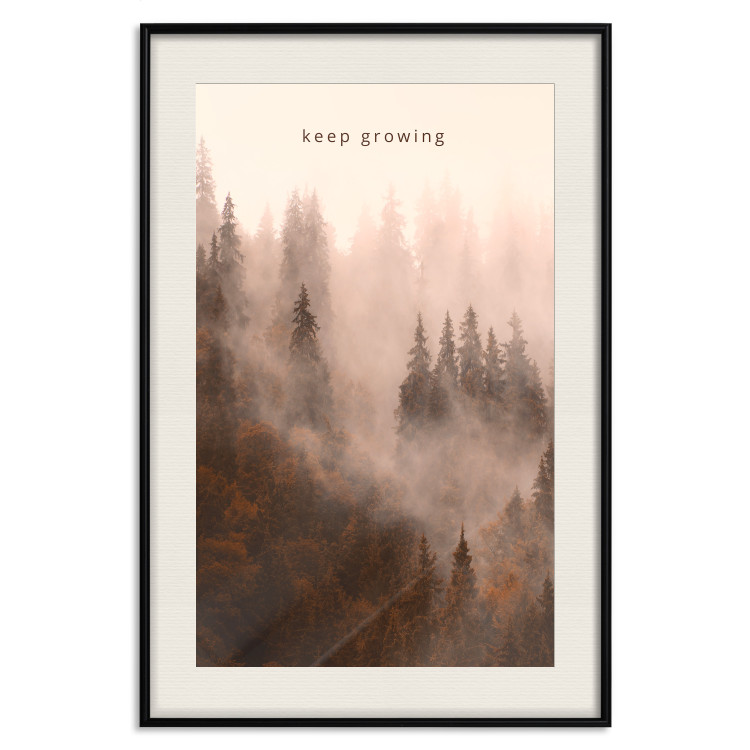 Poster Keep Growing - English inscriptions and forest landscape with trees in fog 127902 additionalImage 27