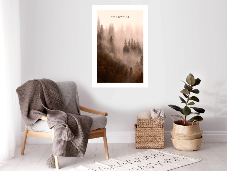 Poster Keep Growing - English inscriptions and forest landscape with trees in fog 127902 additionalImage 5