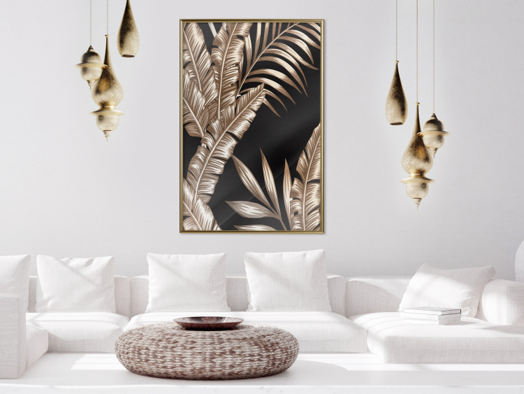 Poster Golden Island - composition of tropical plant leaves on a black background 131802 additionalImage 7