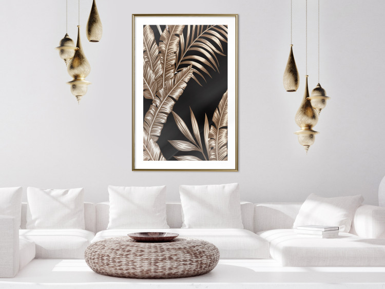 Poster Golden Island - composition of tropical plant leaves on a black background 131802 additionalImage 15