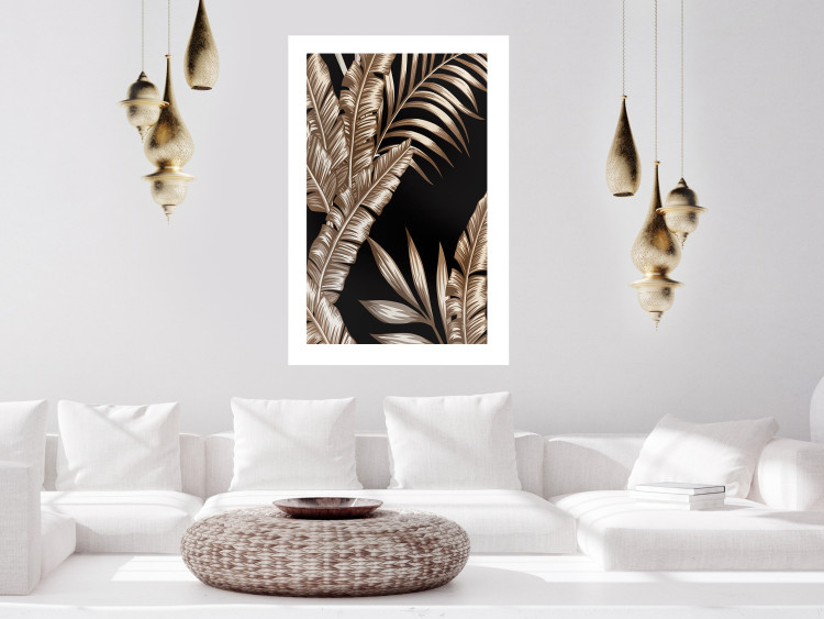 Poster Golden Island - composition of tropical plant leaves on a black background 131802 additionalImage 5