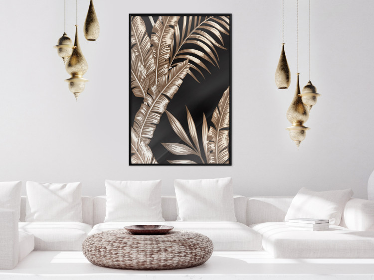 Poster Golden Island - composition of tropical plant leaves on a black background 131802 additionalImage 6