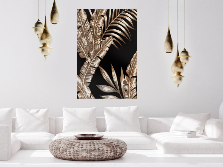Poster Golden Island - composition of tropical plant leaves on a black background 131802 additionalImage 4