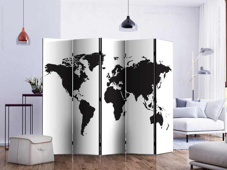 Folding Screen Black and White World II (5-piece) - world map with black continents 132702 additionalImage 2