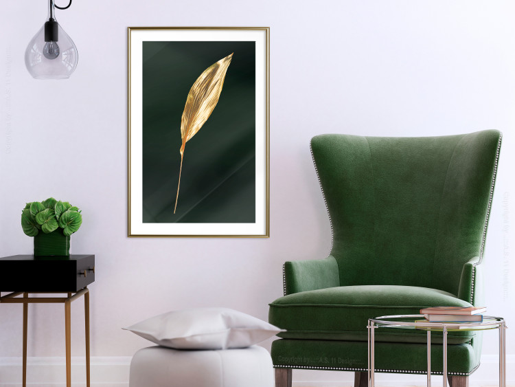 Poster Charming Leaf - golden leaf composition on a dark green background 135602 additionalImage 12