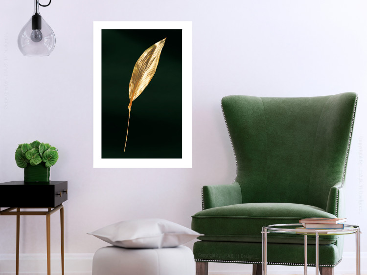 Poster Charming Leaf - golden leaf composition on a dark green background 135602 additionalImage 19
