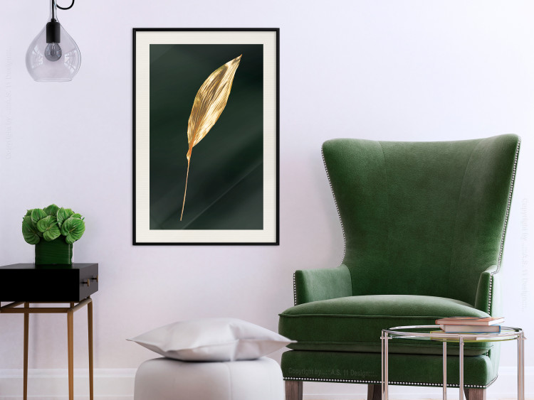 Poster Charming Leaf - golden leaf composition on a dark green background 135602 additionalImage 14