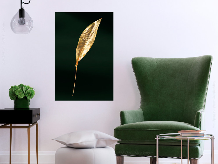 Poster Charming Leaf - golden leaf composition on a dark green background 135602 additionalImage 20