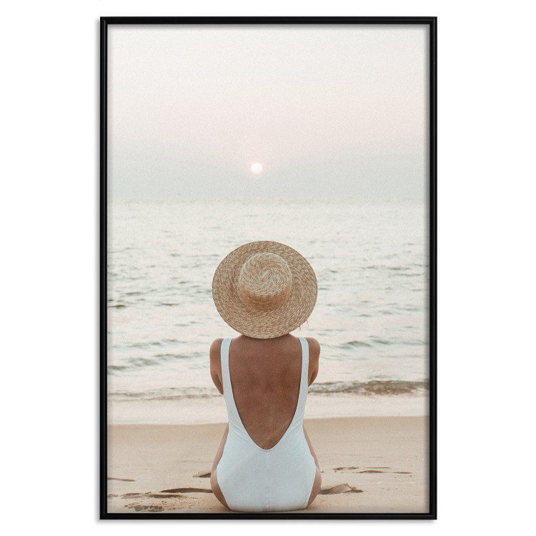 Wall Poster Beach Rest - woman sitting on the sand with sunset in the background 135902 additionalImage 20
