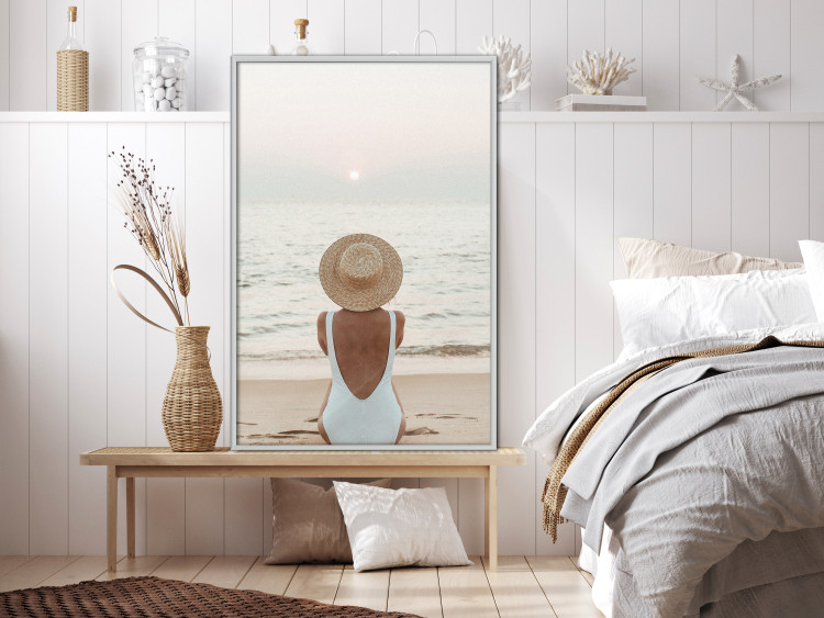 Wall Poster Beach Rest - woman sitting on the sand with sunset in the background 135902 additionalImage 14