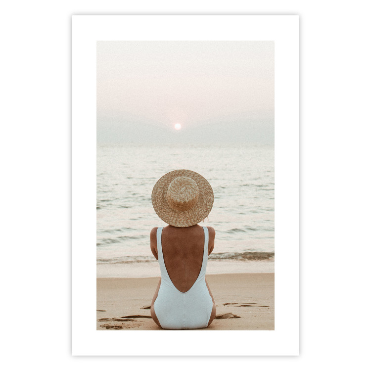 Wall Poster Beach Rest - woman sitting on the sand with sunset in the background 135902 additionalImage 15