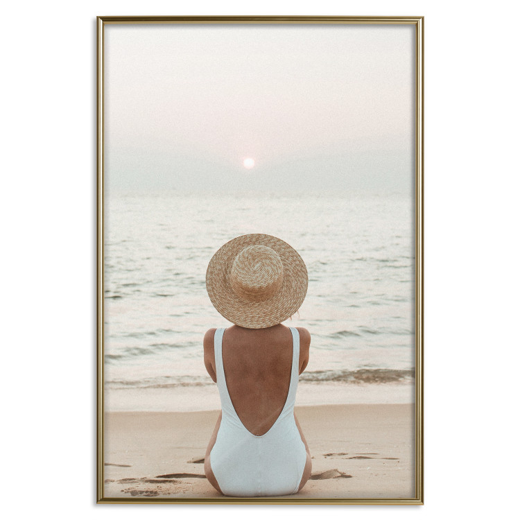 Wall Poster Beach Rest - woman sitting on the sand with sunset in the background 135902 additionalImage 17