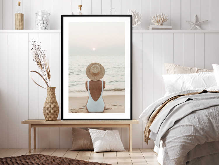 Wall Poster Beach Rest - woman sitting on the sand with sunset in the background 135902 additionalImage 9