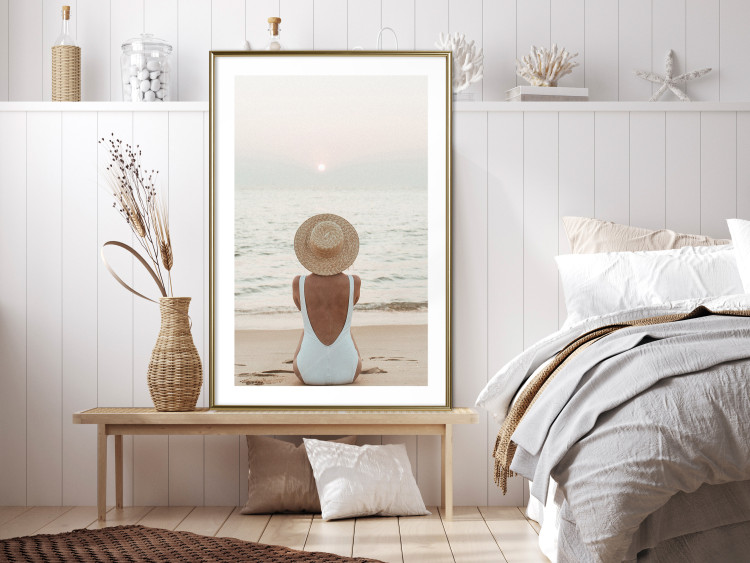 Wall Poster Beach Rest - woman sitting on the sand with sunset in the background 135902 additionalImage 10