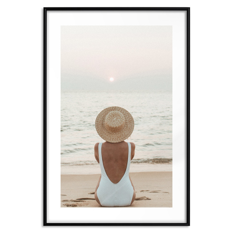 Wall Poster Beach Rest - woman sitting on the sand with sunset in the background 135902 additionalImage 18