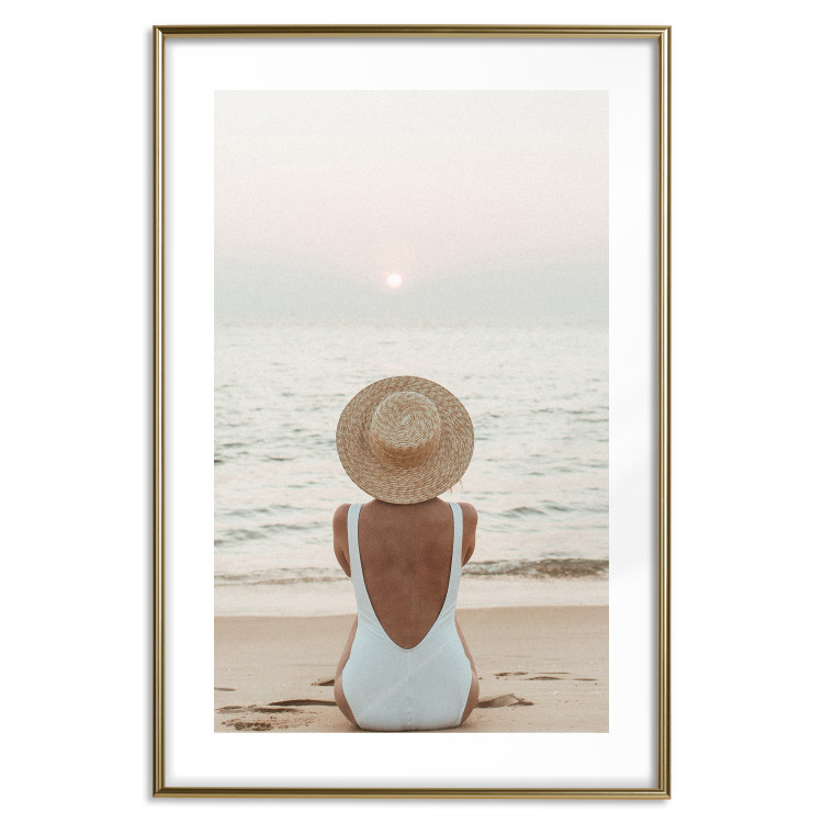 Wall Poster Beach Rest - woman sitting on the sand with sunset in the background 135902 additionalImage 19