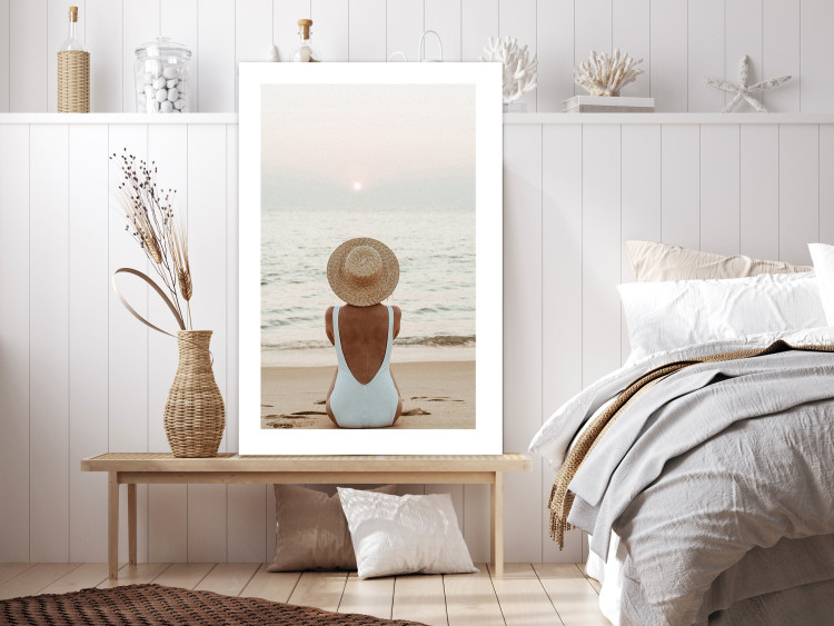 Wall Poster Beach Rest - woman sitting on the sand with sunset in the background 135902 additionalImage 11