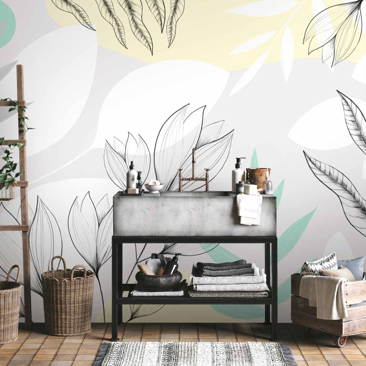 Wall Mural Spring blast - composition with flowers and leaves in white and gray 138802 additionalImage 8