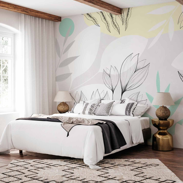 Wall Mural Spring blast - composition with flowers and leaves in white and gray 138802 additionalImage 2