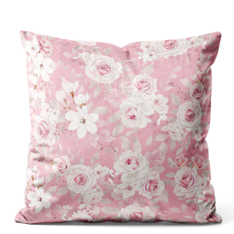 Decorative Velor Pillow Rose embrace - a delicate floral pattern in shades of pastel pink 147102