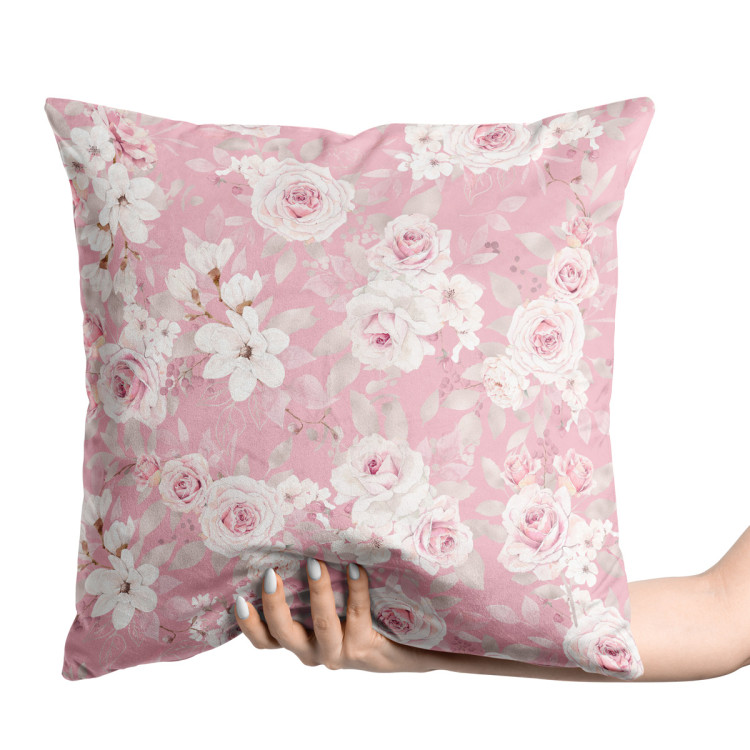 Decorative Velor Pillow Rose embrace - a delicate floral pattern in shades of pastel pink 147102 additionalImage 2