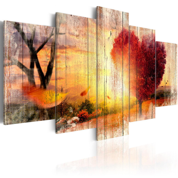 Canvas Art Print Autumn Love (5-piece) - Sunlit Meadow and Pink Leaves 93002 additionalImage 2