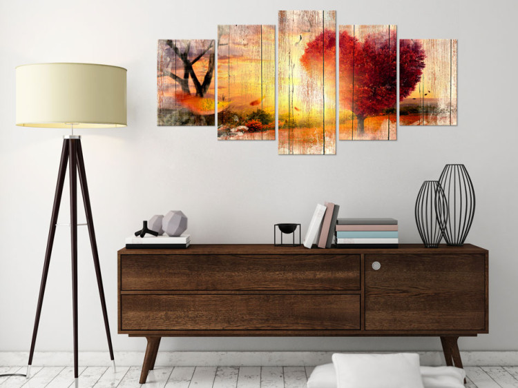 Canvas Art Print Autumn Love (5-piece) - Sunlit Meadow and Pink Leaves 93002 additionalImage 3