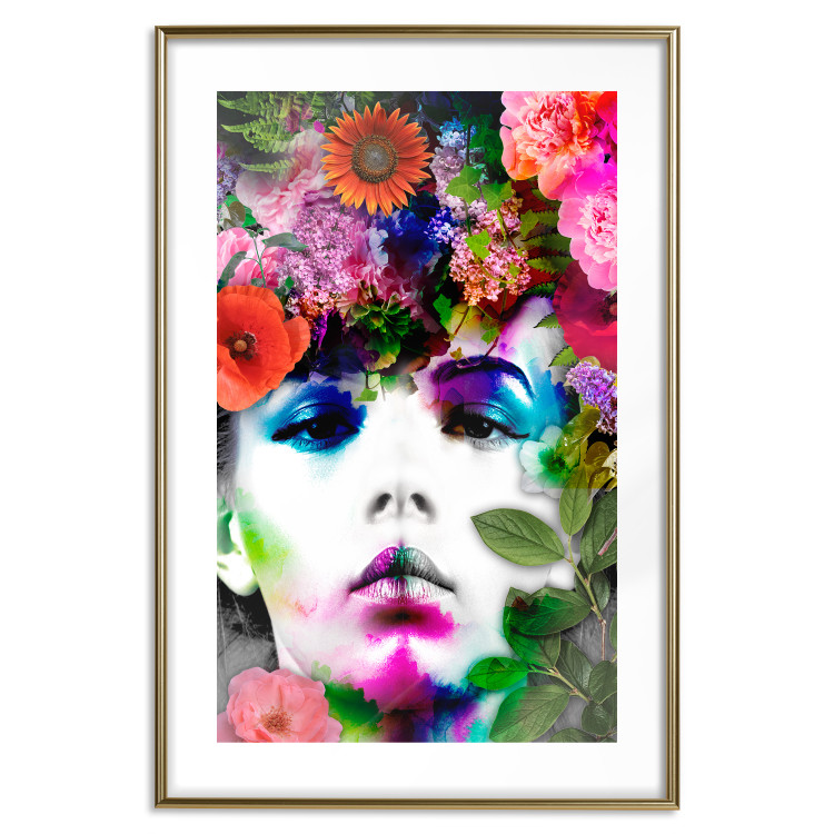 Wall Poster May - gray portrait of a female face surrounded by colorful flowers 122312 additionalImage 14