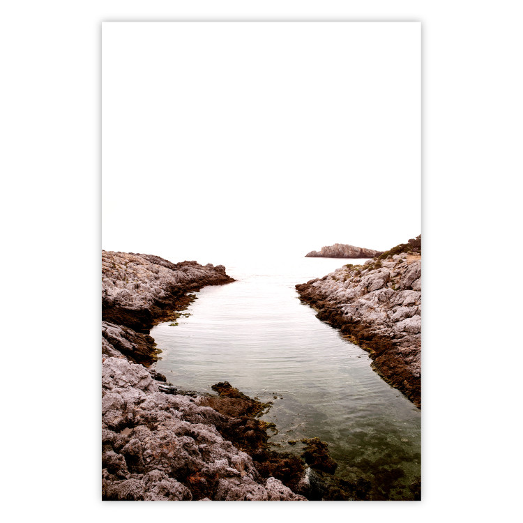 Poster Rocky Harbor - landscape of rocky cliffs by water in mist 129612