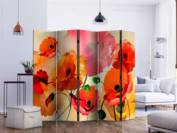 Room Separator Velvet Poppies II - bouquet of red and yellow flowers on a light background 133912 additionalImage 2