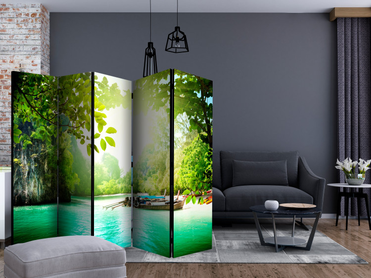 Folding Screen Secret Paradise II - turquoise ocean landscape with boats amidst the jungle 134112 additionalImage 4