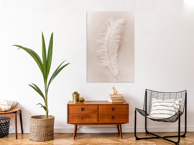 Canvas Print White feather on a beige counter - Scandi Boho style composition 136512 additionalImage 3